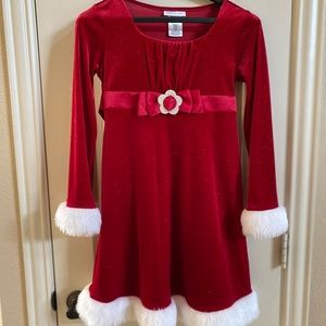 Girls size 10 velvet red Christmas dress with fur cuffs and hem ties in the back